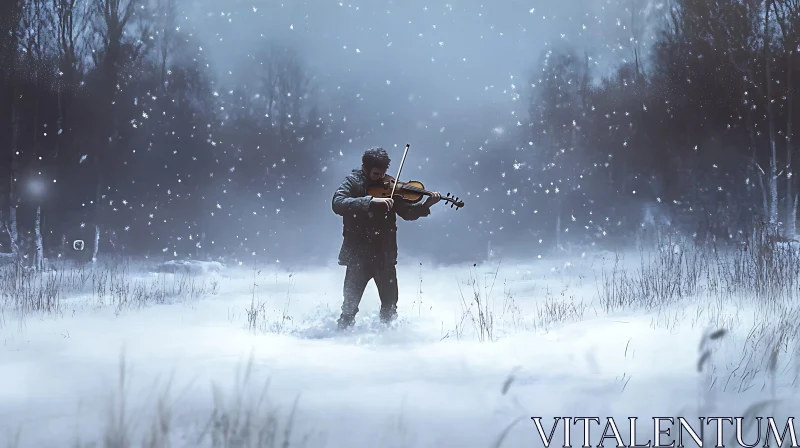 Lone Artist in Misty Snow-Covered Woods AI Image