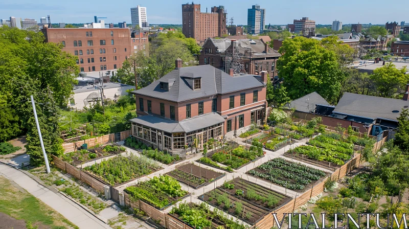 AI ART Aerial View of Historic House with Urban Garden