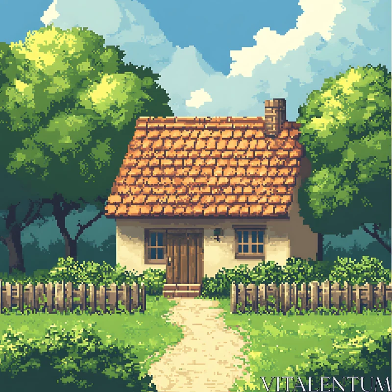 Pixel Art Cottage and Garden Scene AI Image