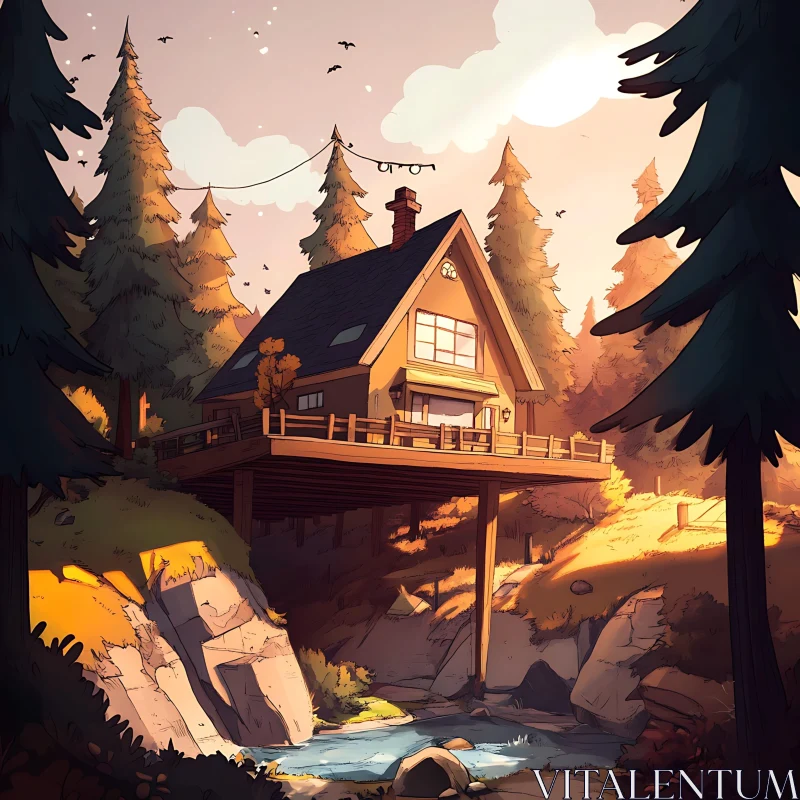 Sunset Cabin in Forest AI Image