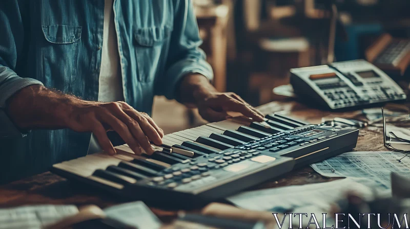 Hands on Keyboard Synthesizer in Creative Workspace AI Image