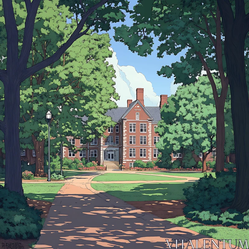 AI ART Picturesque Campus with Stately Brick Building