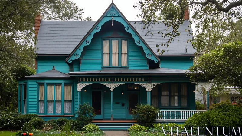 Victorian Turquoise House with Porch and Garden AI Image