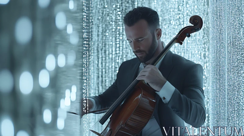 Man Performing Cello with Elegant Lights in Background AI Image