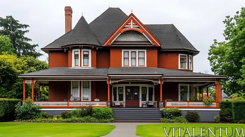 Classic Victorian Wooden Home with Manicured Garden AI Image