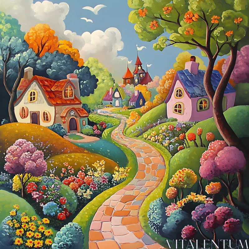 Colorful Whimsical Village in Fantasy Landscape AI Image