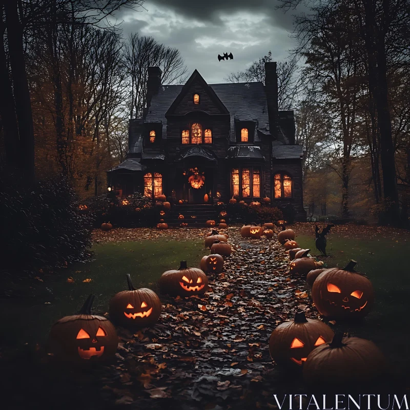 AI ART Mystical House Surrounded by Halloween Pumpkins