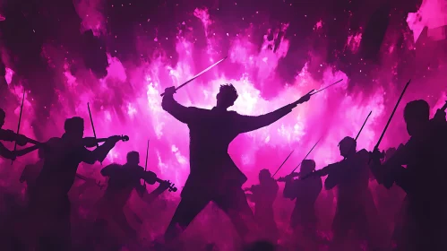 Orchestra Silhouettes with Conductor in Luminous Purple