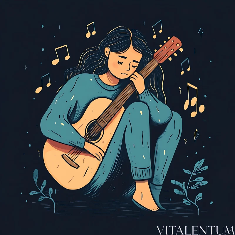 Calm Musician Girl with Guitar Artistic Illustration AI Image