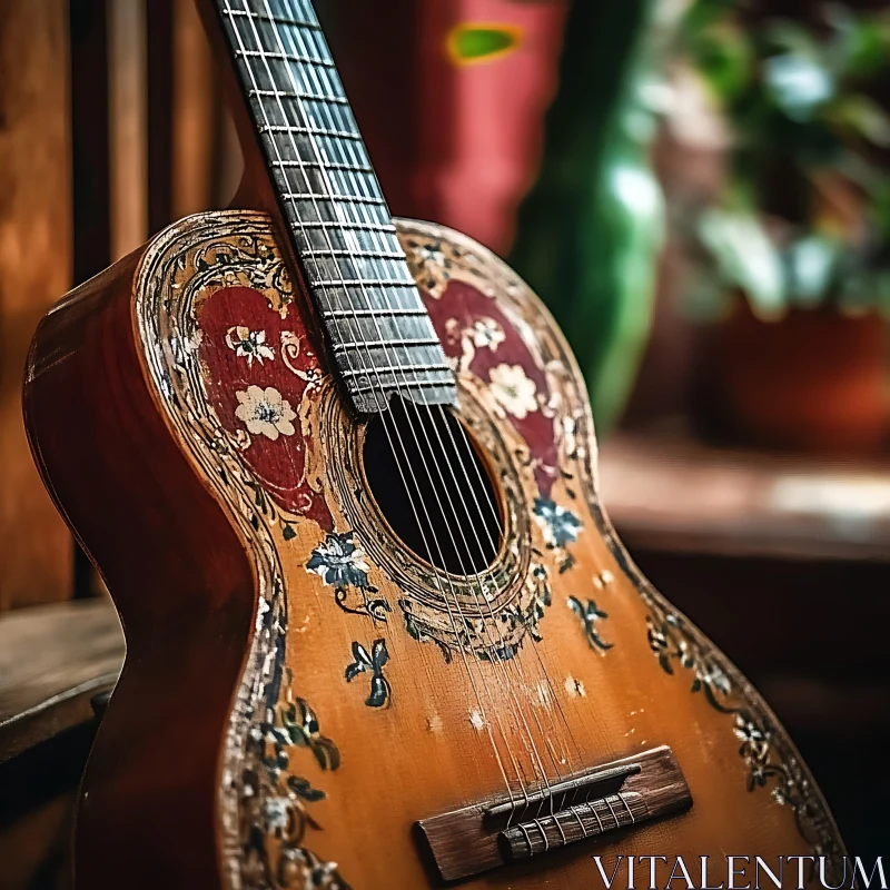 Vintage Decorative Acoustic Guitar Close-Up AI Image