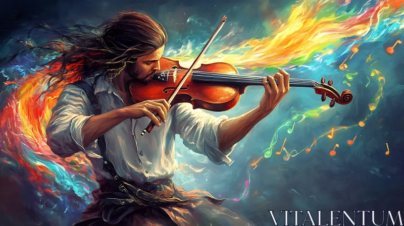 Violinist Surrounded by Fiery and Colorful Waves AI Image