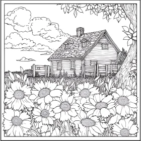 Cottage in Sunflower Field Sketch