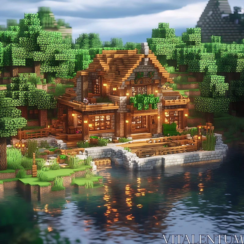 AI ART Cozy Minecraft Lakeside Cabin