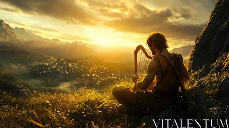 Serene Sunset with Harp Melodies AI Image