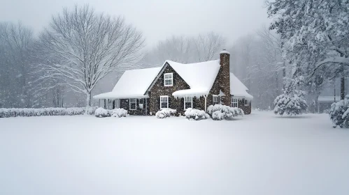 Serene Winter Cottage Amidst Falling Snow