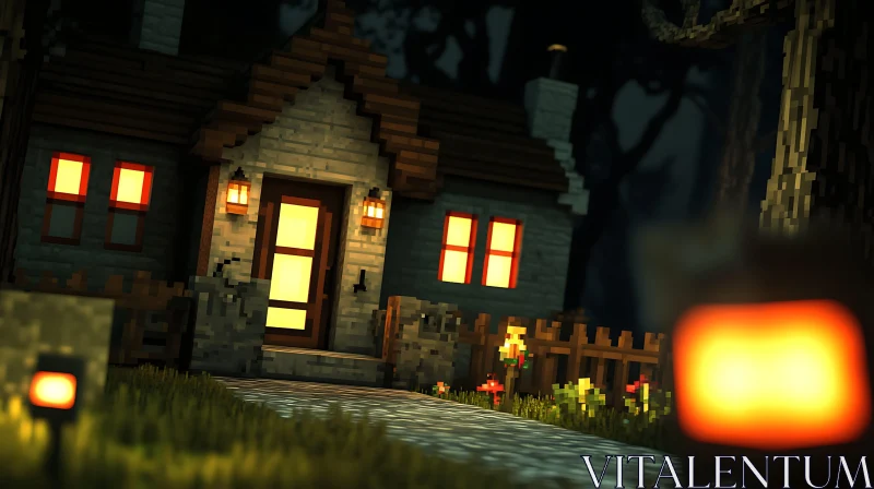 Charming Pixel Cottage with Lantern Lights in Nighttime Setting