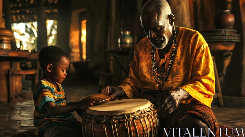 Cultural Heritage: Elderly Mentor and Child Drumming AI Image