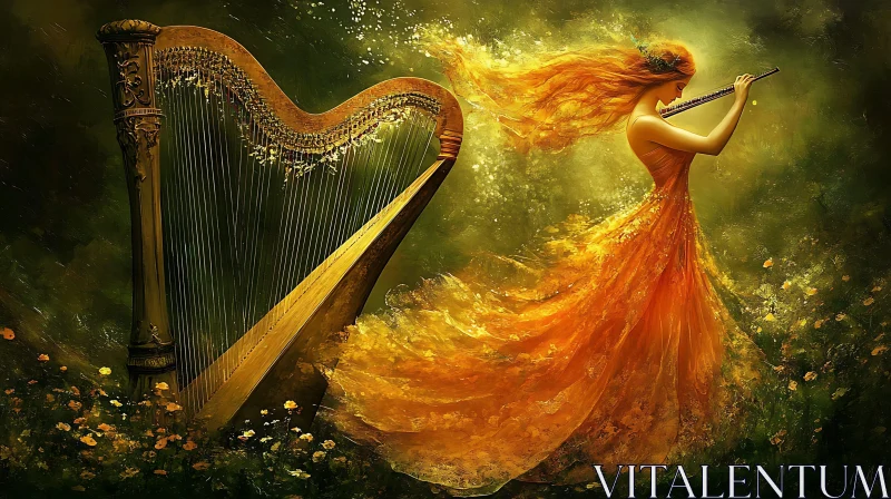 Fantastical Scene of Woman Playing Flute with Harp