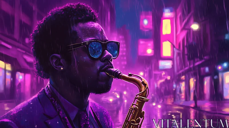 Jazz Musician in Rainy Neon City
