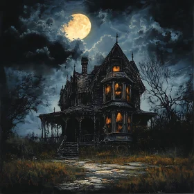 Haunting Victorian House at Night