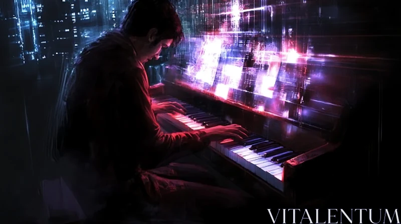 Piano Player under Neon Lights in a Futuristic Scene AI Image