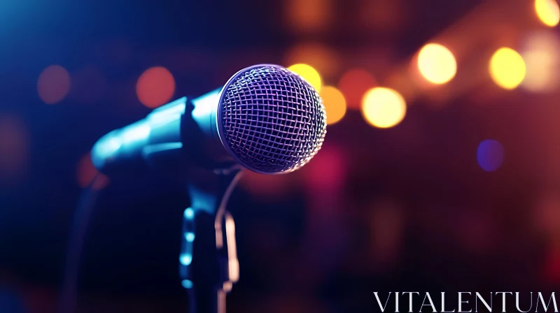 Stage Microphone with Blurred Background Lights AI Image