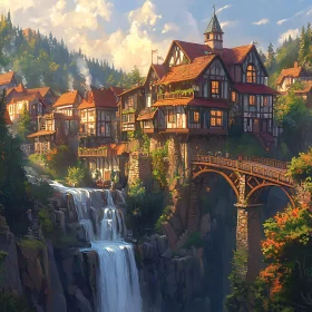 Idyllic Village with Waterfall and Stone Bridge at Sunset