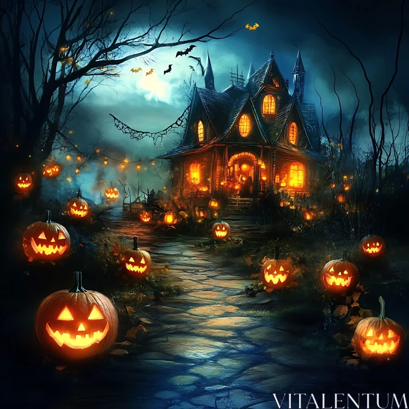 AI ART Spooky Halloween Night with Haunted House