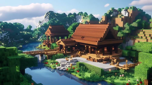 Riverside Wooden Cabins in a Minecraft Landscape