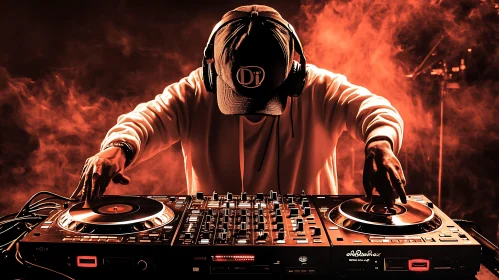 DJ Mixing Live on Turntables with Orange Smoke Background