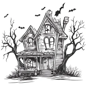 Gothic Haunted House with Bats in Black and White