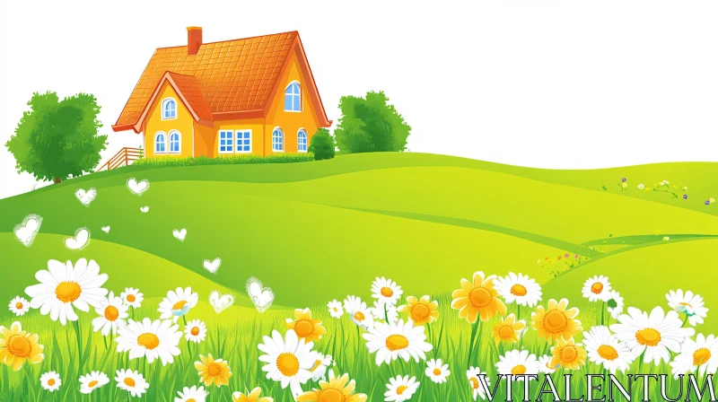 AI ART Charming Yellow Cottage in Blooming Landscape