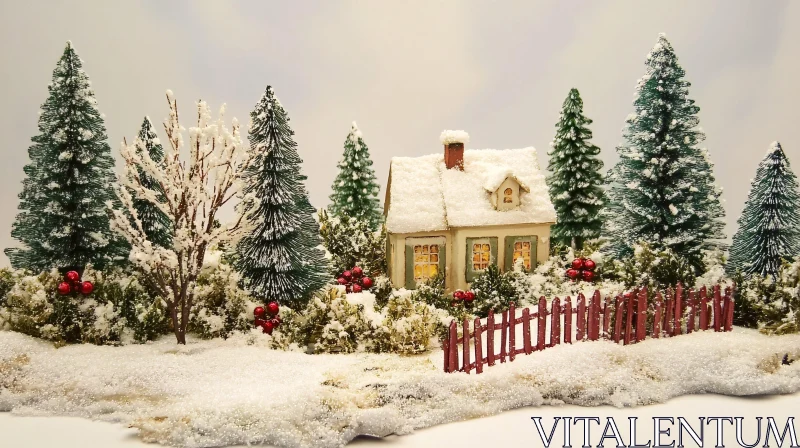 Idyllic Winter Scene with Snowy Cottage and Pine Trees AI Image