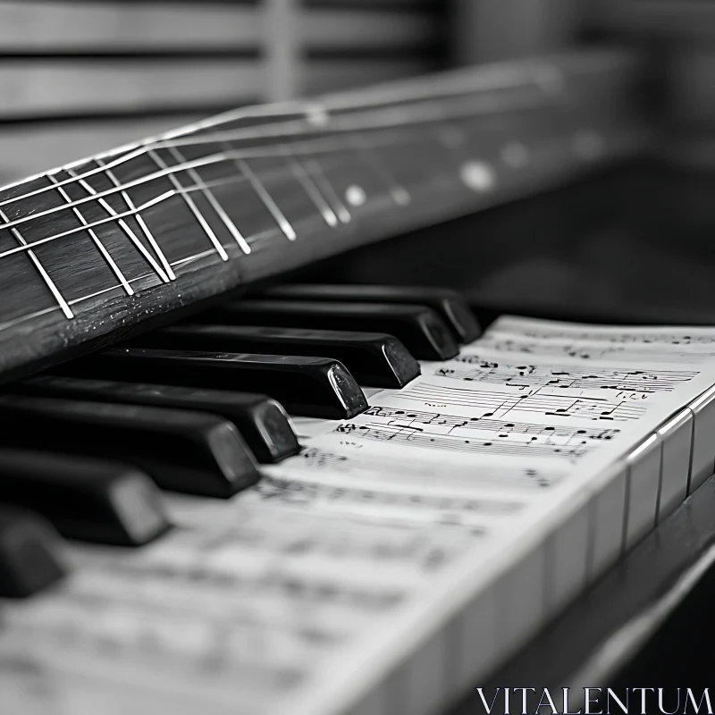 Piano Keys and Guitar Strings with Sheet Music in Black and White AI Image