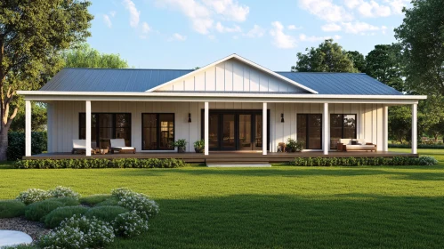 Contemporary Home with Expansive Porch and Greenery