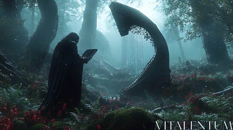 Mystical Forest with Hooded Figure and Enigmatic Harp AI Image