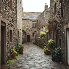 Quiet Narrow Stone Alley with Colorful Potted Plants