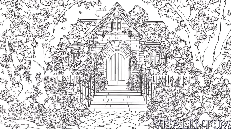 Intricate Line Drawing of a Quaint House in a Lush Garden AI Image