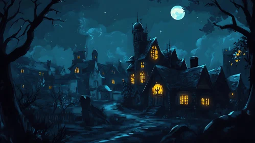 Spooky Nighttime Village Scene