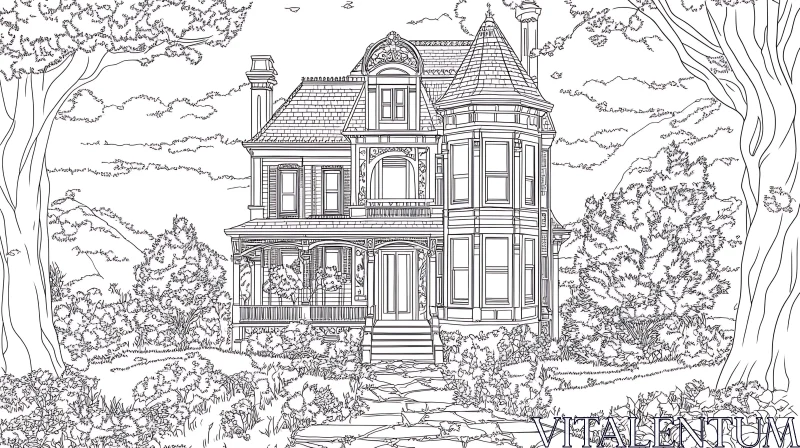 Intricate Architectural Line Art of a Victorian Home AI Image