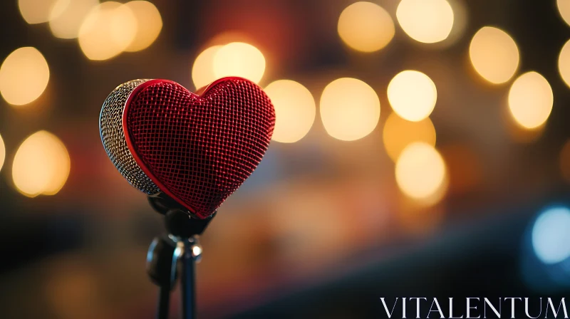 Red Heart Microphone with Warm Bokeh Effect AI Image