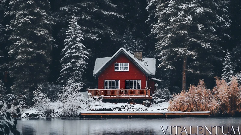 Serene Winter Cabin in Snowy Woods AI Image