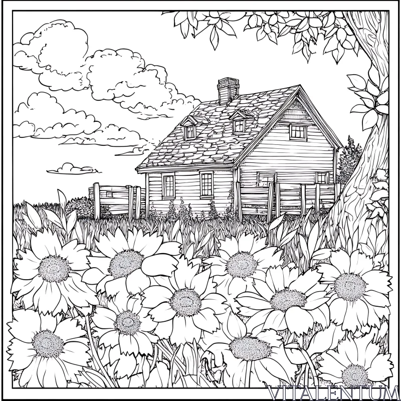 Cottage in Sunflower Field Sketch AI Image