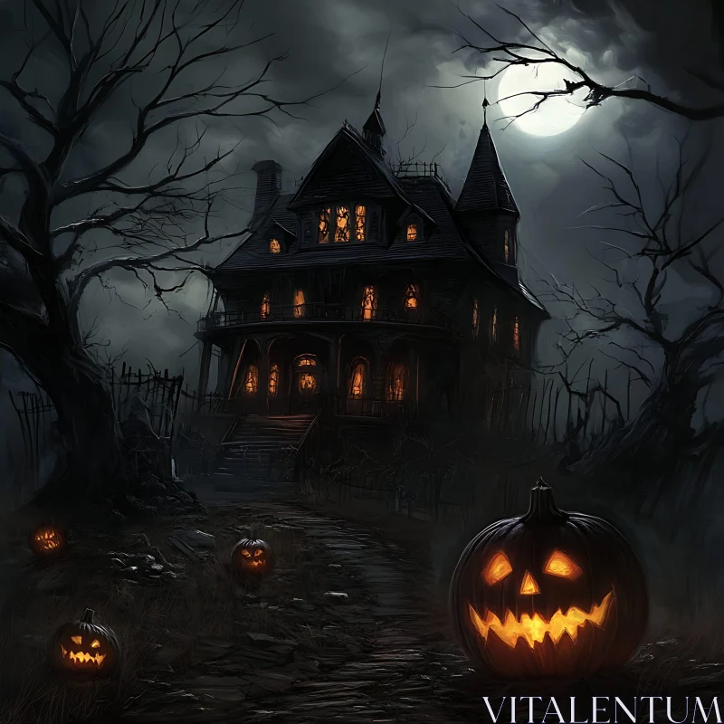 Haunted Gothic Mansion with Halloween Decorations AI Image