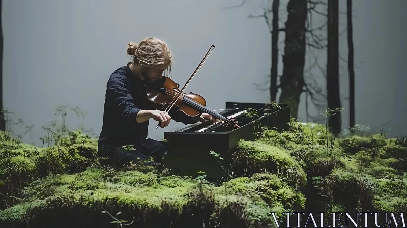 Lone Violinist in Mossy Forest AI Image