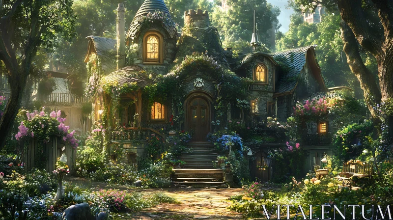 Forest Cottage Surrounded by Lush Flora AI Image