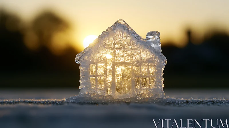 AI ART Translucent Ice House Set Against a Sunset