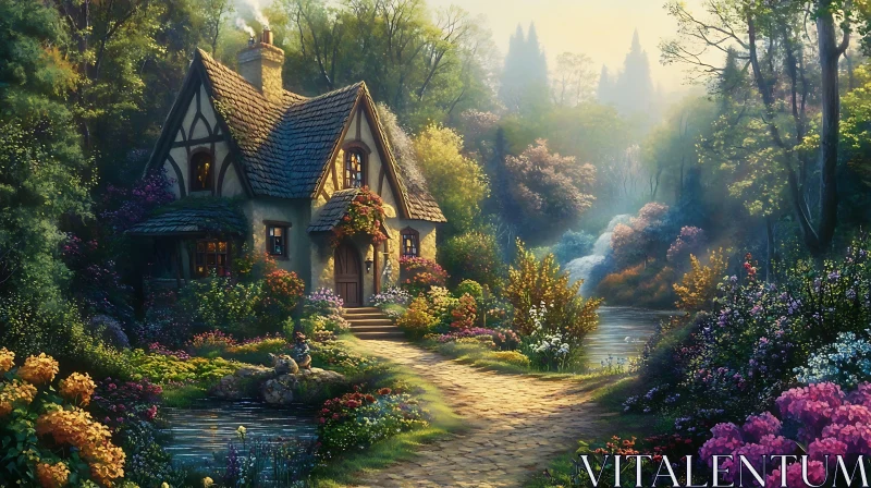 Picturesque Cottage Surrounded by Blooming Gardens AI Image