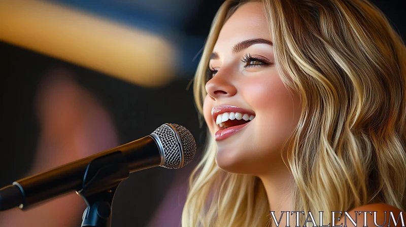 Blonde Singer Captured in a Joyful Performance AI Image