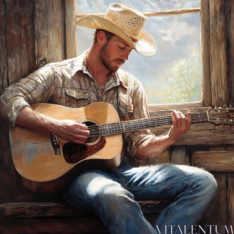 AI ART Reflective Cowboy Guitarist by the Window